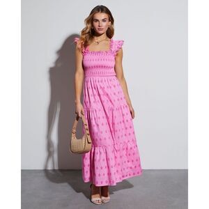 Moon River Smocked Floral Nap Dress Pink Size Small Midi Preppy Cottagecore